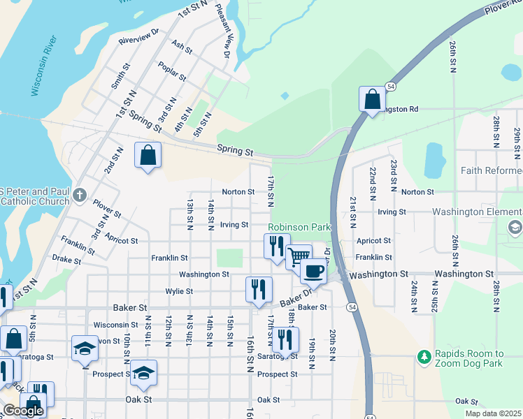 map of restaurants, bars, coffee shops, grocery stores, and more near 1110 16th Street North in Wisconsin Rapids