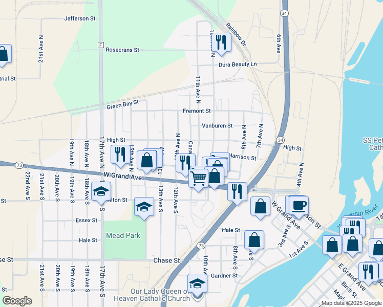 map of restaurants, bars, coffee shops, grocery stores, and more near 230 11th Avenue North in Wisconsin Rapids