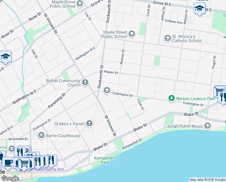 map of restaurants, bars, coffee shops, grocery stores, and more near 232 Codrington Street in Barrie