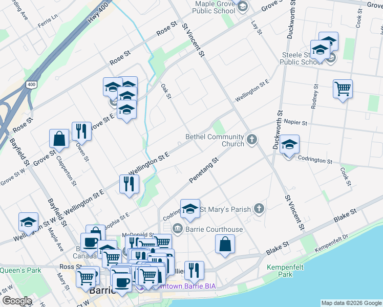 map of restaurants, bars, coffee shops, grocery stores, and more near 36 Queen Street in Barrie