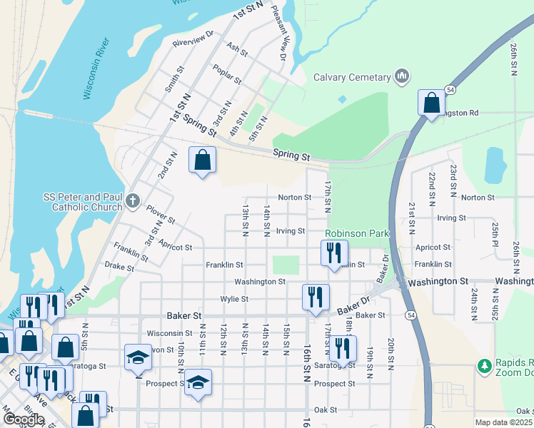 map of restaurants, bars, coffee shops, grocery stores, and more near Monroe Street in Wisconsin Rapids