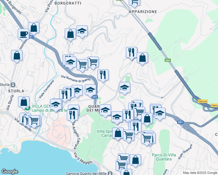 map of restaurants, bars, coffee shops, grocery stores, and more near 264 Via Angelo Carrara in Genova