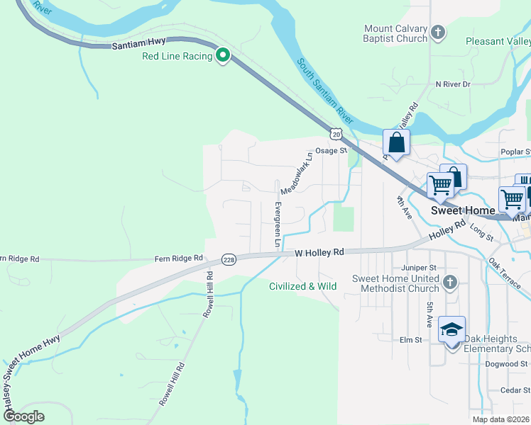 map of restaurants, bars, coffee shops, grocery stores, and more near 1375 Fern Lane in Sweet Home