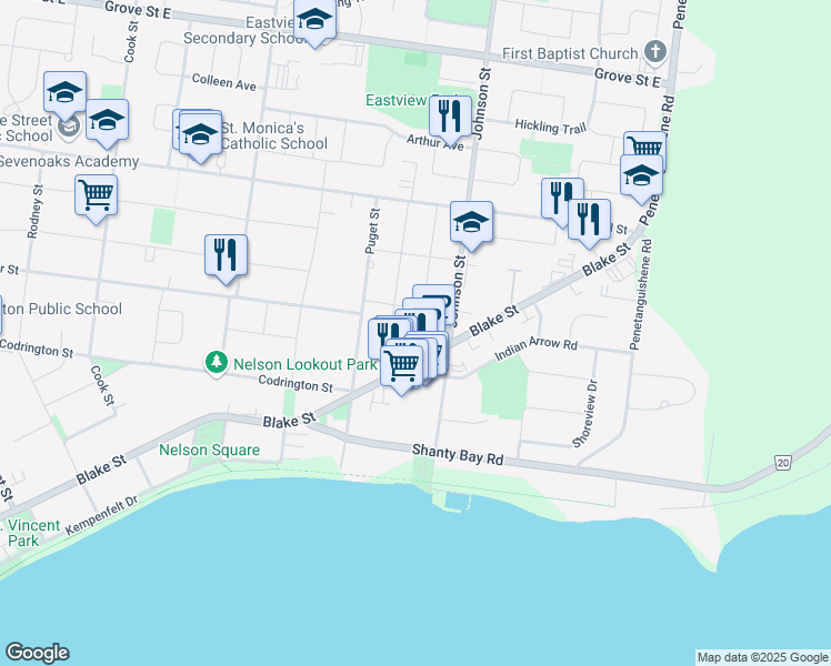 map of restaurants, bars, coffee shops, grocery stores, and more near 8 Downsview Drive in Barrie