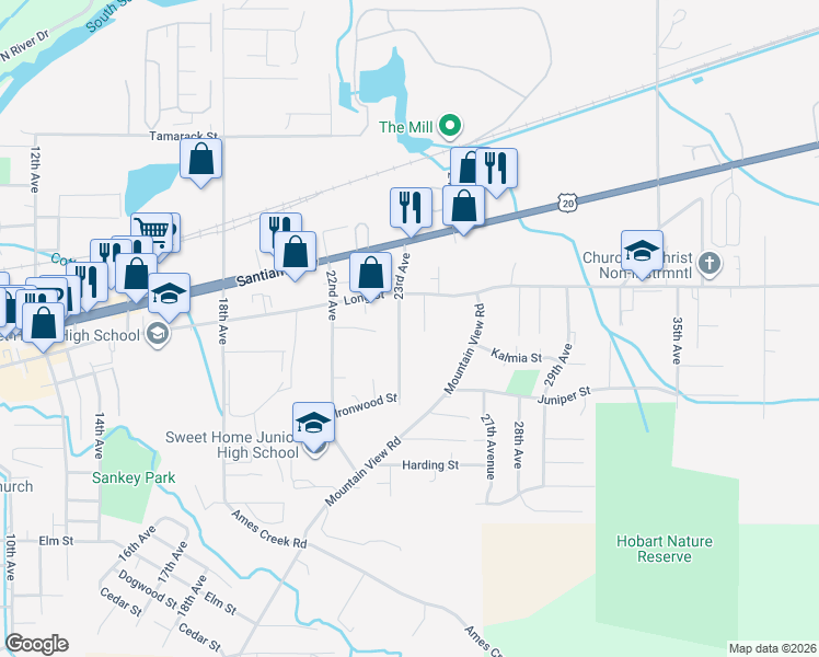 map of restaurants, bars, coffee shops, grocery stores, and more near 1050 24th Avenue in Sweet Home