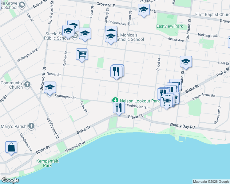map of restaurants, bars, coffee shops, grocery stores, and more near 46 Nelson Street in Barrie