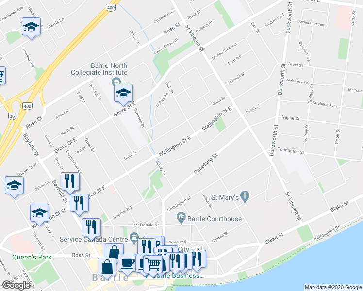 map of restaurants, bars, coffee shops, grocery stores, and more near 18 Queen Street in Barrie