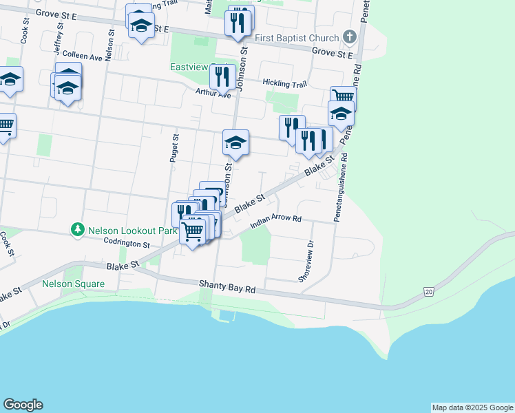 map of restaurants, bars, coffee shops, grocery stores, and more near 359 Blake Street in Barrie
