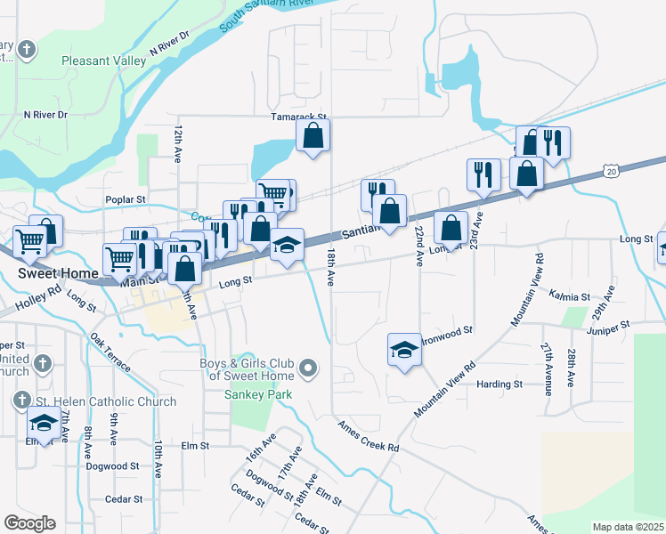map of restaurants, bars, coffee shops, grocery stores, and more near 1805 Long Street in Sweet Home