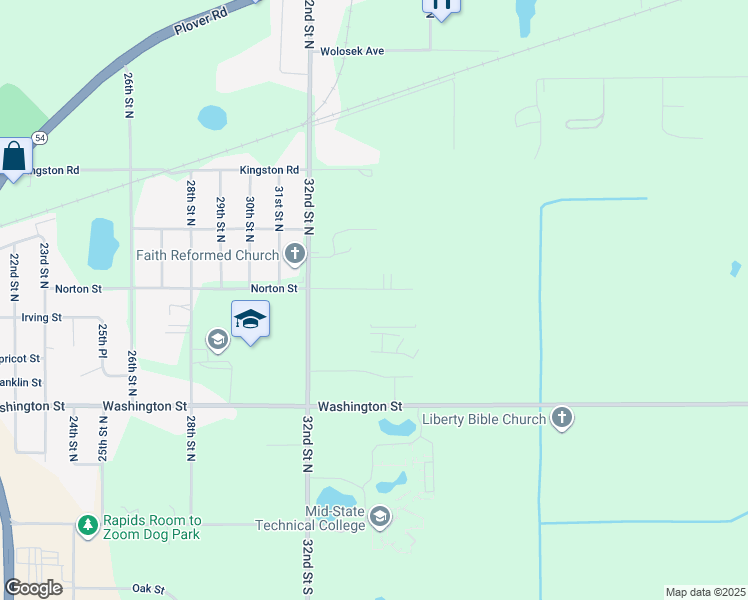 map of restaurants, bars, coffee shops, grocery stores, and more near 3421 Norton Street in Wisconsin Rapids