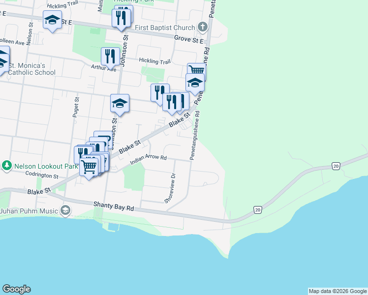 map of restaurants, bars, coffee shops, grocery stores, and more near 27 Chippawa Court in Barrie