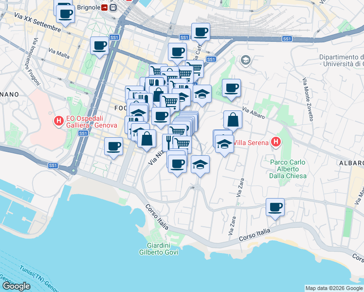 map of restaurants, bars, coffee shops, grocery stores, and more near 80 Via Trento in Genova