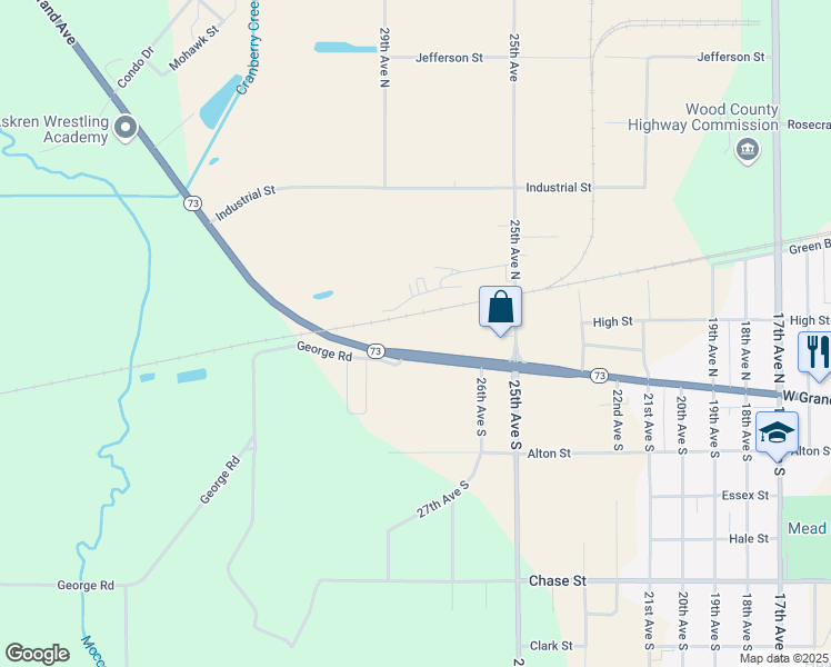 map of restaurants, bars, coffee shops, grocery stores, and more near 2820 West Grand Avenue in Wisconsin Rapids