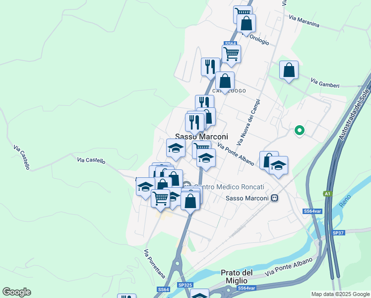 map of restaurants, bars, coffee shops, grocery stores, and more near 250 Via Porrettana in Sasso Marconi