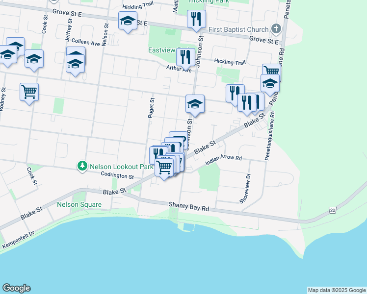 map of restaurants, bars, coffee shops, grocery stores, and more near 267 Napier Street in Barrie