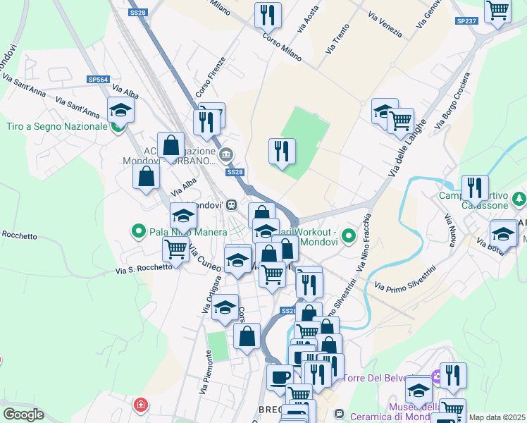 map of restaurants, bars, coffee shops, grocery stores, and more near 9a Via Torino in Mondovì