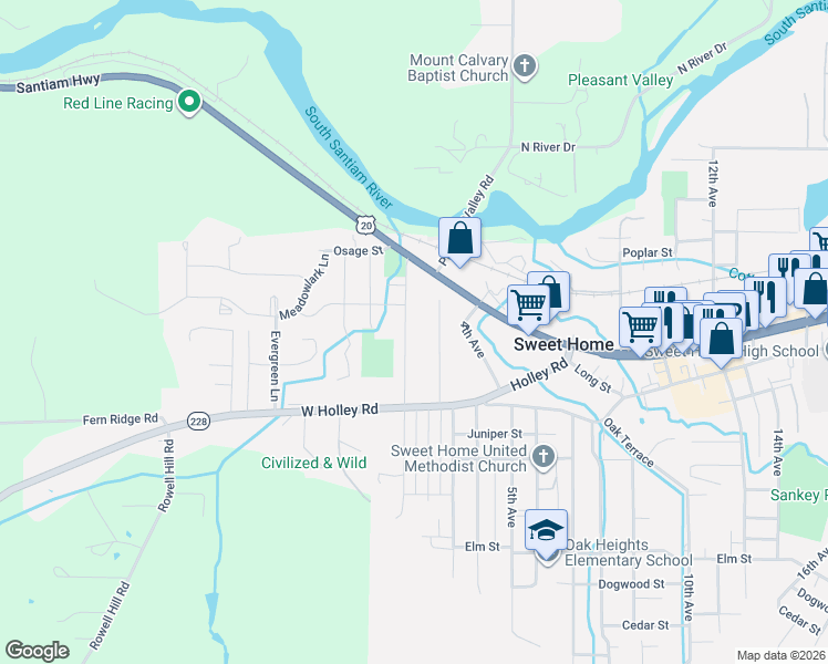 map of restaurants, bars, coffee shops, grocery stores, and more near 1247 1st Avenue in Sweet Home