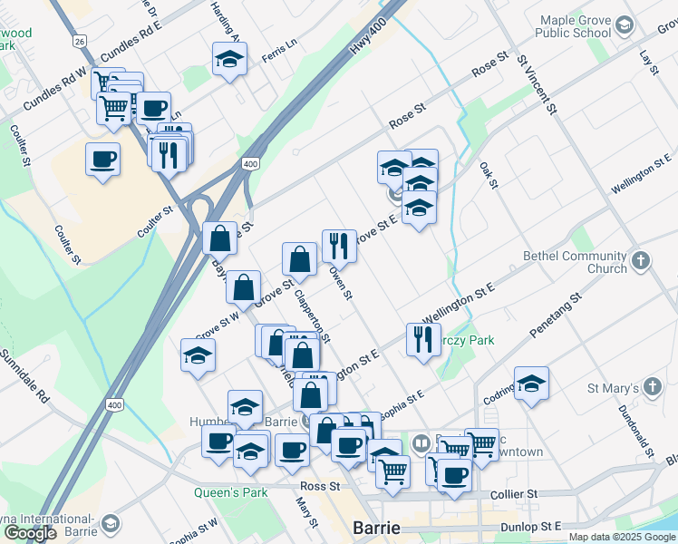 map of restaurants, bars, coffee shops, grocery stores, and more near 189 Owen Street in Barrie