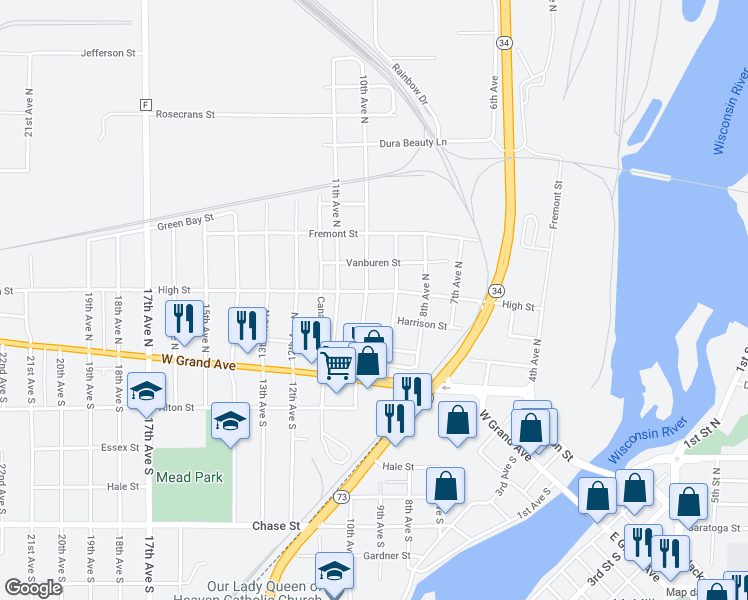 map of restaurants, bars, coffee shops, grocery stores, and more near 950 High Street in Wisconsin Rapids