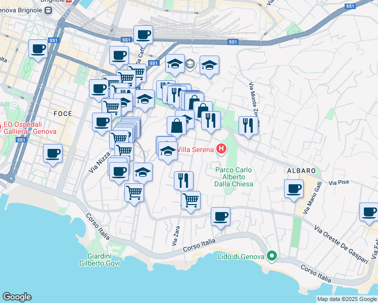 map of restaurants, bars, coffee shops, grocery stores, and more near Via San Nazaro in Genoa