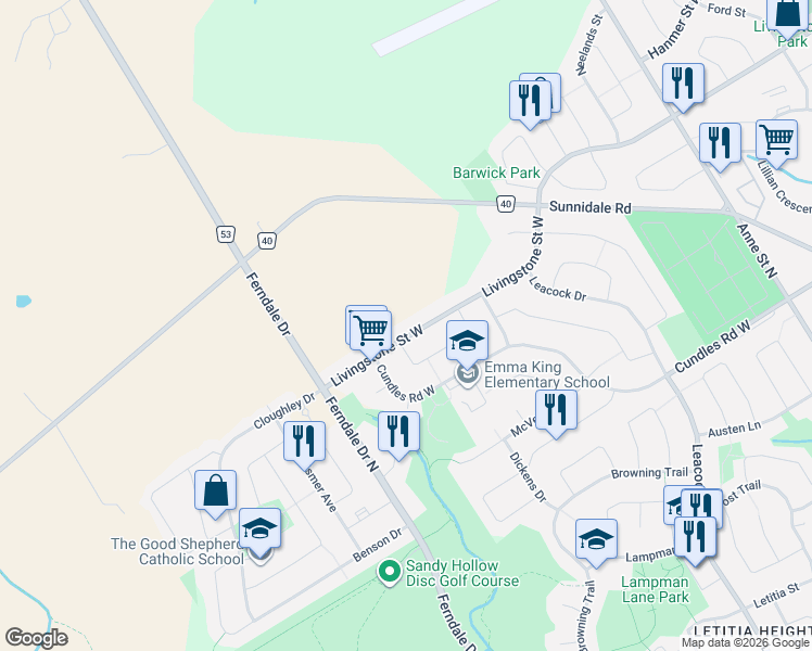 map of restaurants, bars, coffee shops, grocery stores, and more near 340 Livingstone Street West in Barrie