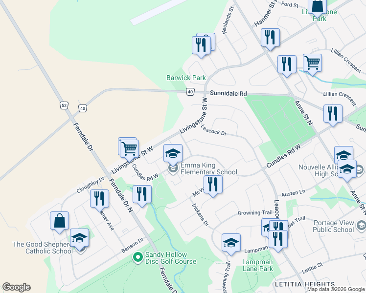 map of restaurants, bars, coffee shops, grocery stores, and more near 10 Longman Drive in Barrie
