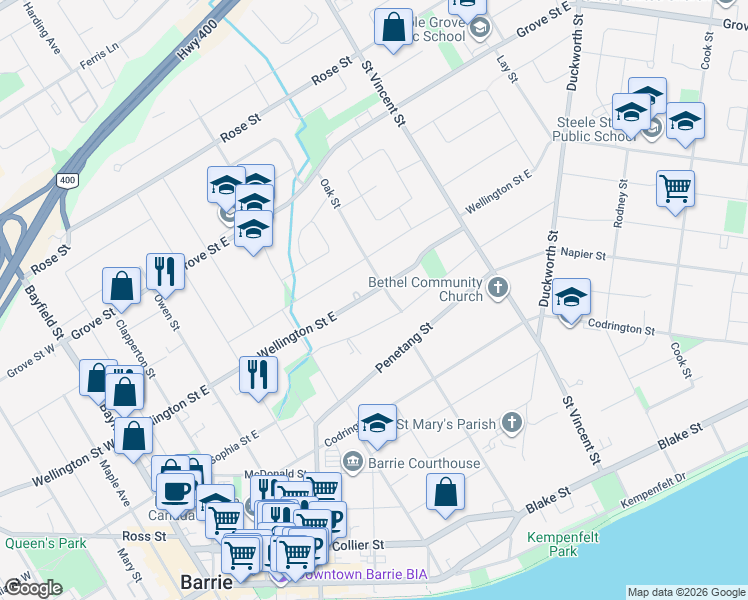 map of restaurants, bars, coffee shops, grocery stores, and more near 193 Wellington Street East in Barrie