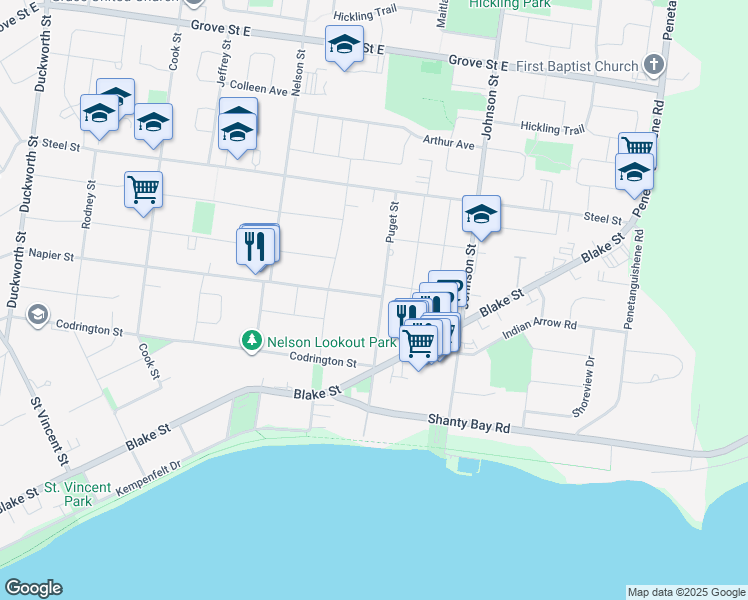 map of restaurants, bars, coffee shops, grocery stores, and more near 88 Puget Street in Barrie