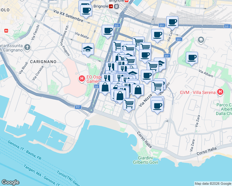 map of restaurants, bars, coffee shops, grocery stores, and more near 65 Via Antonio Cecchi in Genova