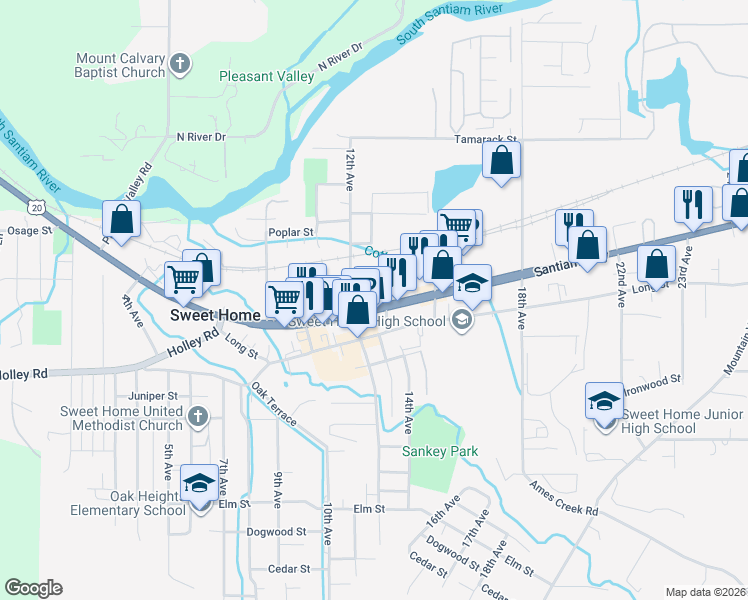 map of restaurants, bars, coffee shops, grocery stores, and more near 1234 Nandina Street in Sweet Home