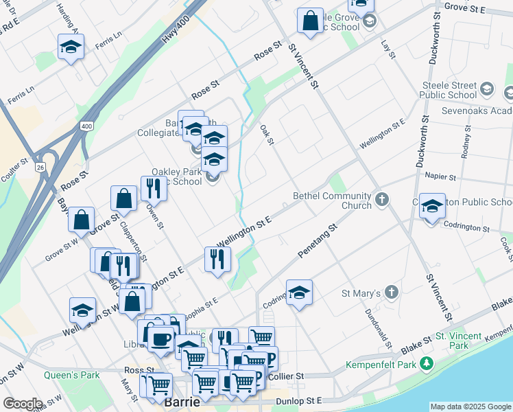 map of restaurants, bars, coffee shops, grocery stores, and more near 66 Gunn Street in Barrie