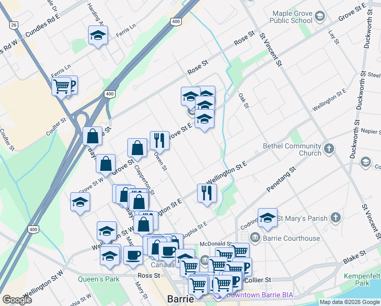 map of restaurants, bars, coffee shops, grocery stores, and more near 18 Newton Street in Barrie