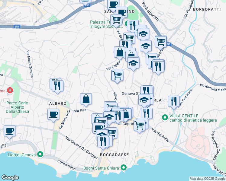 map of restaurants, bars, coffee shops, grocery stores, and more near 75 Via San Pio X in Genova