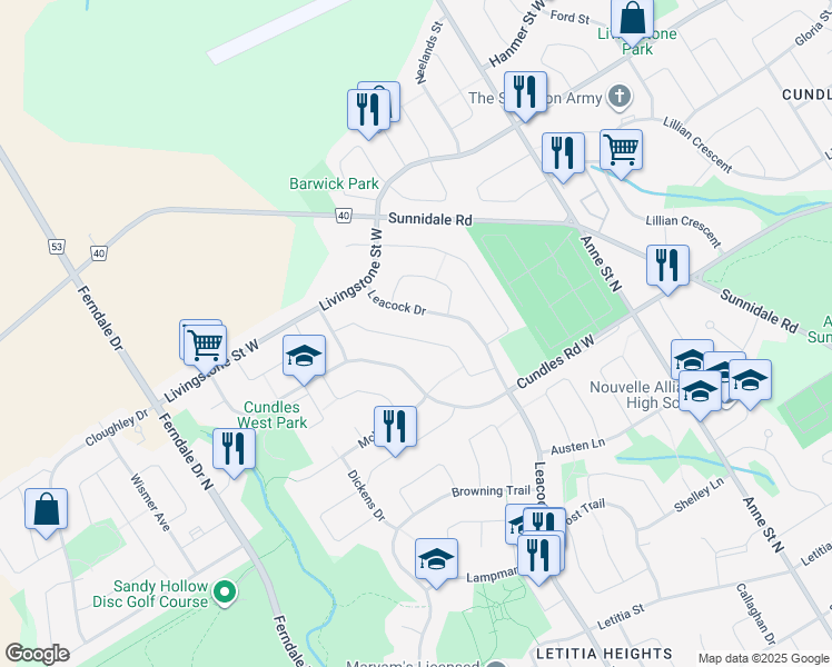 map of restaurants, bars, coffee shops, grocery stores, and more near 50 Ferguson Drive in Barrie