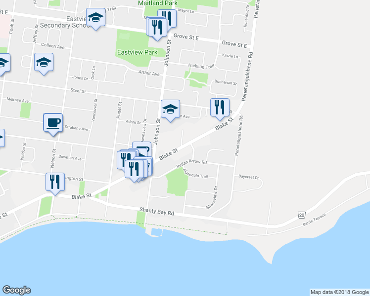 map of restaurants, bars, coffee shops, grocery stores, and more near in Barrie