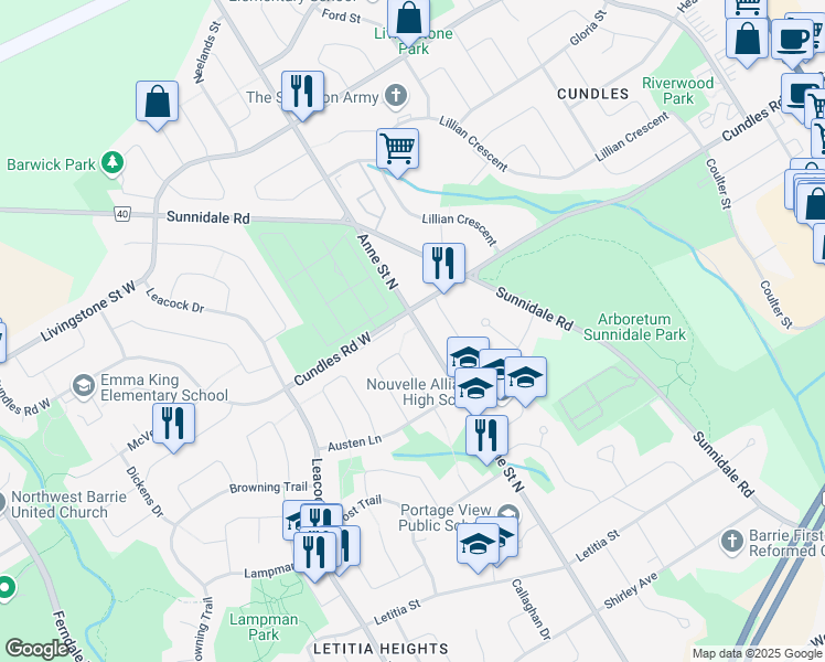 map of restaurants, bars, coffee shops, grocery stores, and more near in Barrie