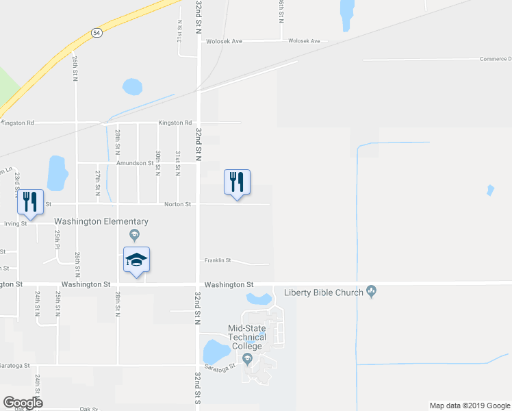 map of restaurants, bars, coffee shops, grocery stores, and more near 3421 Norton Street in Wisconsin Rapids