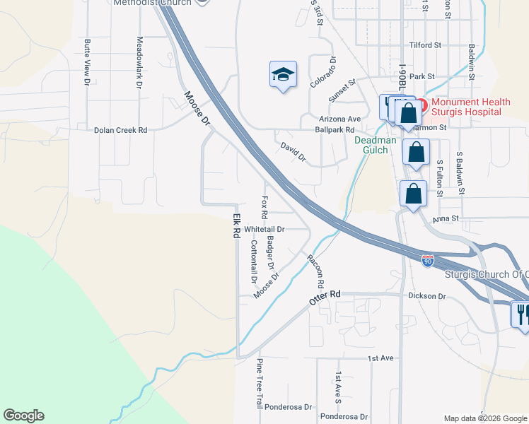 map of restaurants, bars, coffee shops, grocery stores, and more near 2499 Fox Rd in Sturgis