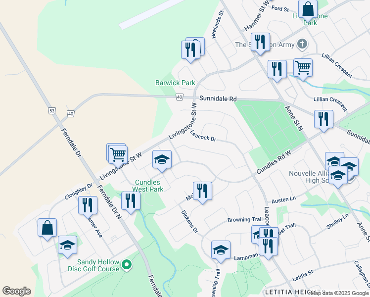 map of restaurants, bars, coffee shops, grocery stores, and more near 99 Ferguson Drive in Barrie