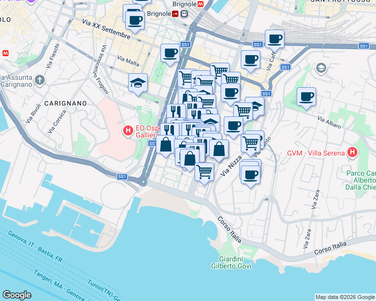 map of restaurants, bars, coffee shops, grocery stores, and more near 65 Via Antonio Cecchi in Genova