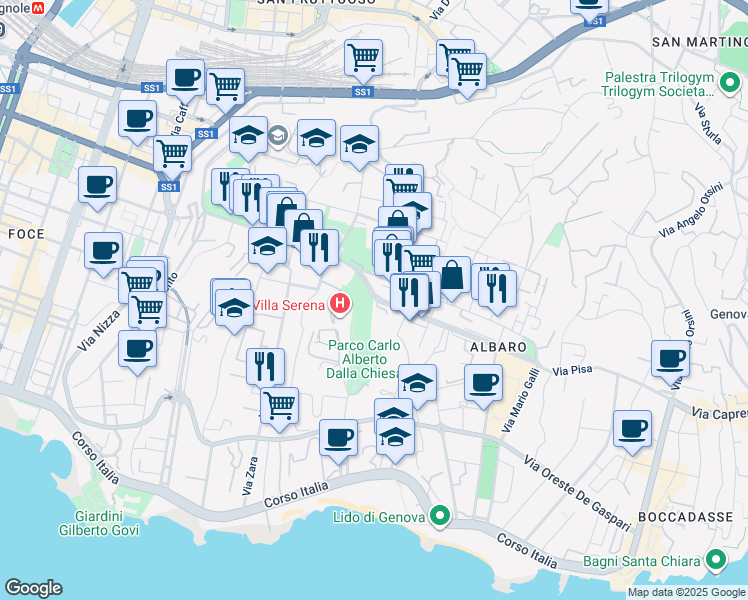 map of restaurants, bars, coffee shops, grocery stores, and more near 3 Via Federico Ricci in Genova