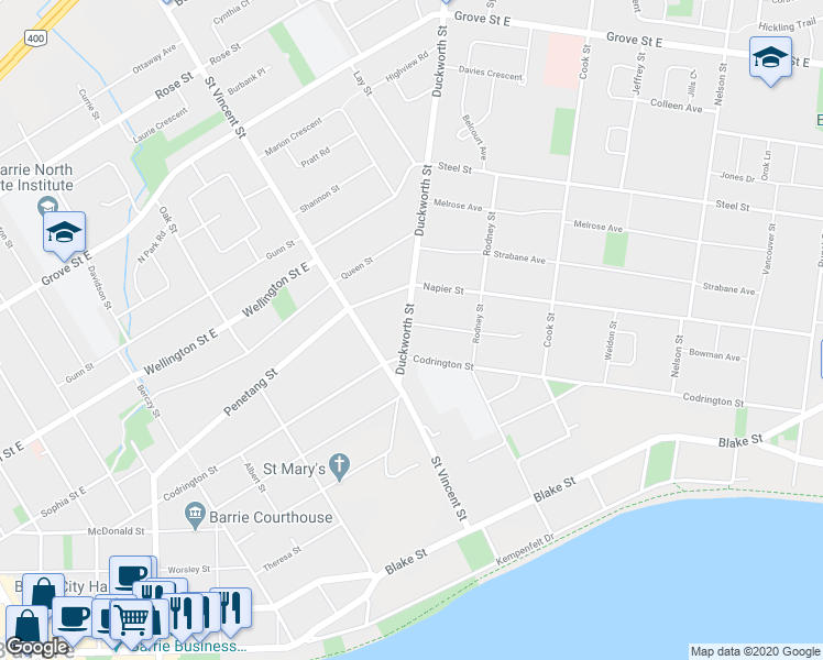 map of restaurants, bars, coffee shops, grocery stores, and more near 183 Duckworth Street in Barrie