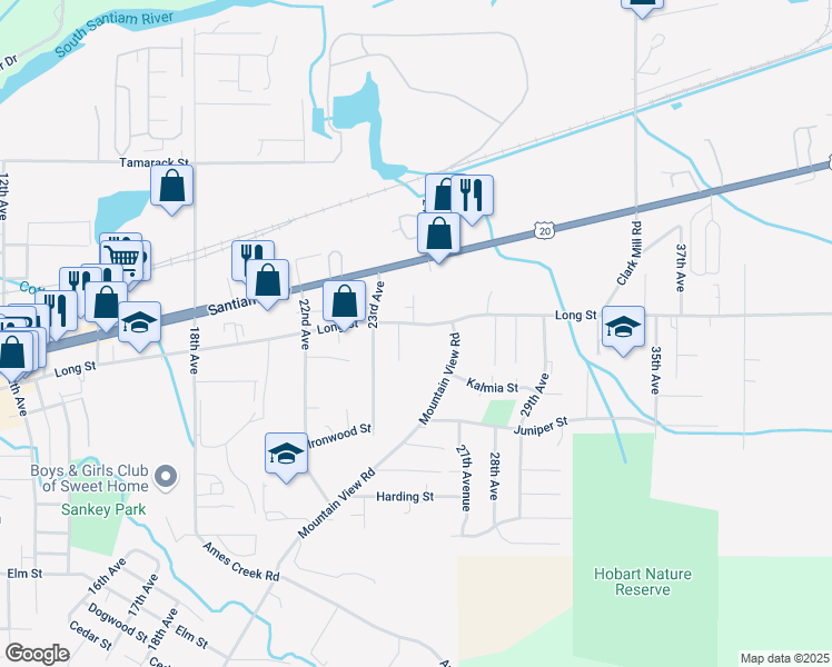 map of restaurants, bars, coffee shops, grocery stores, and more near 2405 Long Street in Sweet Home
