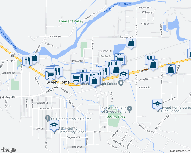 map of restaurants, bars, coffee shops, grocery stores, and more near 1234 Nandina Street in Sweet Home