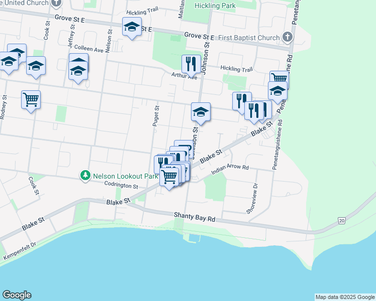 map of restaurants, bars, coffee shops, grocery stores, and more near in Barrie