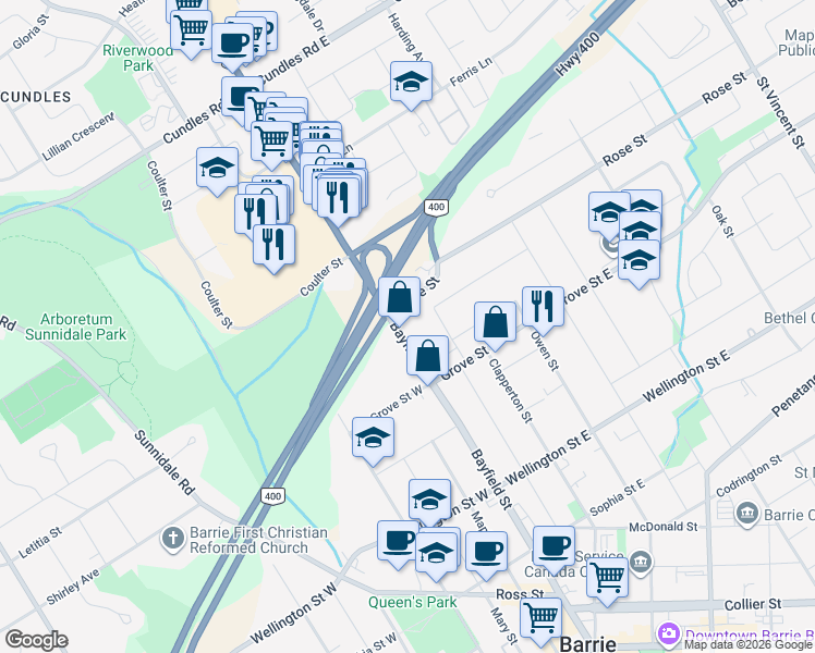 map of restaurants, bars, coffee shops, grocery stores, and more near 257 Bayfield Street in Barrie