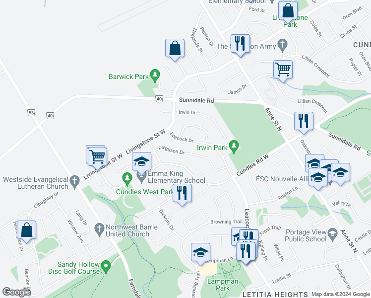 map of restaurants, bars, coffee shops, grocery stores, and more near 60 Ferguson Drive in Barrie