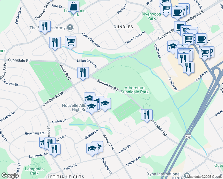 map of restaurants, bars, coffee shops, grocery stores, and more near 250 Sunnidale Road in Barrie