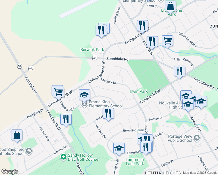 map of restaurants, bars, coffee shops, grocery stores, and more near 64 Ferguson Drive in Barrie