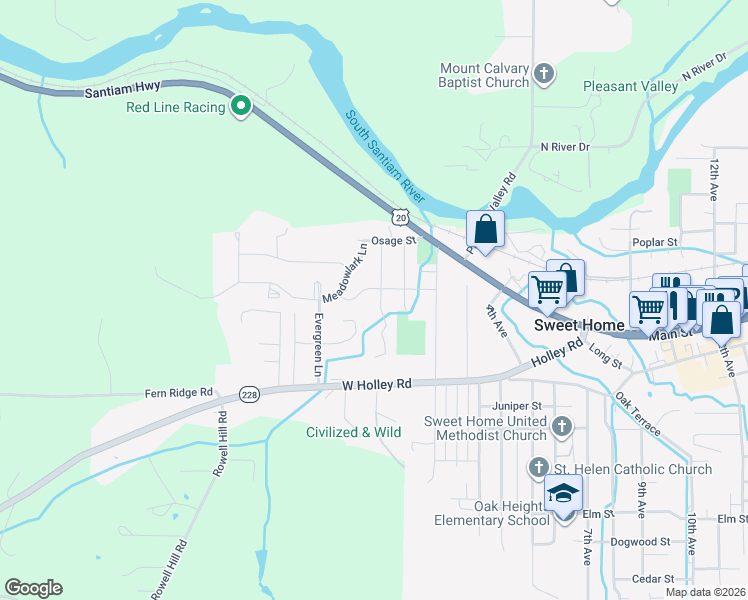 map of restaurants, bars, coffee shops, grocery stores, and more near 1360 Sunset Lane in Sweet Home